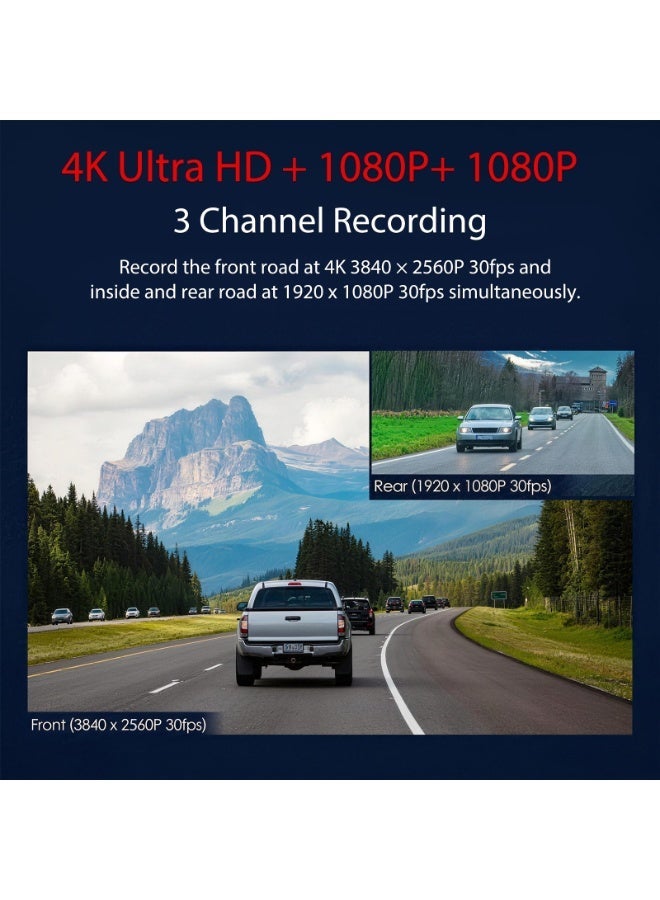 Saivision 4K Triple Dash Cam, 4K Front+1080P Cabin+1080P Rear+GPS, 3 Channel, WiFi Car Camera with 64GB SD Card, 3.16" Screen, G-Sensor, Built-in GPS - Image 2