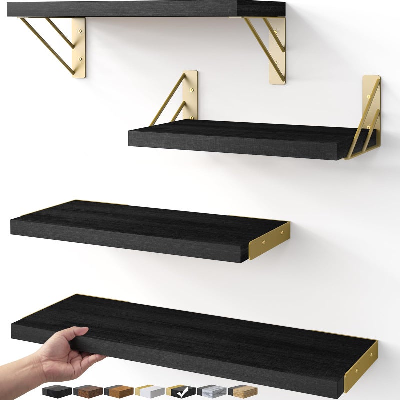 BAYKA Floating Shelves for Bedroom Decor, Wall Shelves for Storage, Wall Mounted Rustic Wood Floating Shelf for Books,Corner Shelf for Bathroom,Kitchen,Living Room(Black and Goldï¼ŒSet of 4) - Image 1