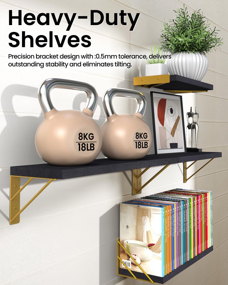 BAYKA Floating Shelves for Bedroom Decor, Wall Shelves for Storage, Wall Mounted Rustic Wood Floating Shelf for Books,Corner Shelf for Bathroom,Kitchen,Living Room(Black and Goldï¼ŒSet of 4) - Image 4