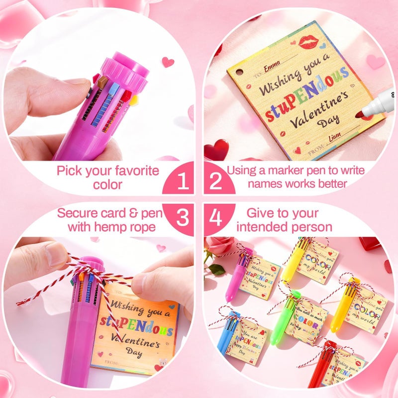TOHONGADON 24 Set Retractable Multicolor Pen with Valentines Day Cards, Included 24 Pcs 0.5mm 10-in-1 Multicolor Ballpoint Pen for Kids, 24 Pcs Wooden Valentine Tags for Office Students Valentine Gifts - Image 3
