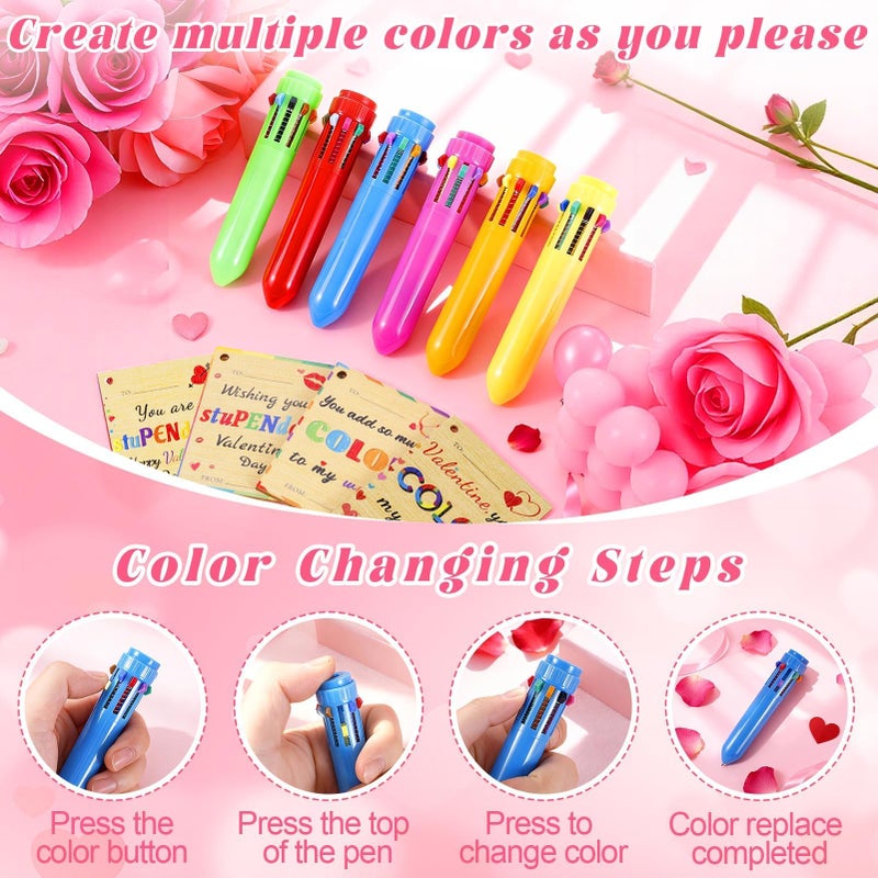 TOHONGADON 24 Set Retractable Multicolor Pen with Valentines Day Cards, Included 24 Pcs 0.5mm 10-in-1 Multicolor Ballpoint Pen for Kids, 24 Pcs Wooden Valentine Tags for Office Students Valentine Gifts - Image 4