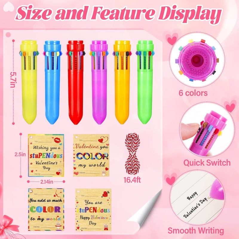 TOHONGADON 24 Set Retractable Multicolor Pen with Valentines Day Cards, Included 24 Pcs 0.5mm 10-in-1 Multicolor Ballpoint Pen for Kids, 24 Pcs Wooden Valentine Tags for Office Students Valentine Gifts - Image 2