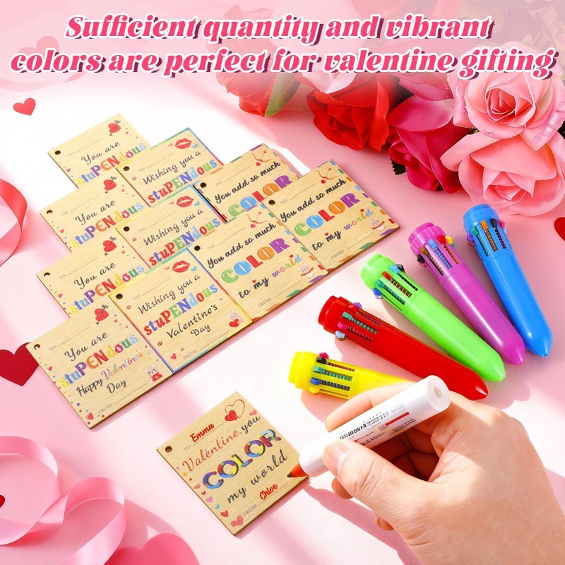 TOHONGADON 24 Set Retractable Multicolor Pen with Valentines Day Cards, Included 24 Pcs 0.5mm 10-in-1 Multicolor Ballpoint Pen for Kids, 24 Pcs Wooden Valentine Tags for Office Students Valentine Gifts - Image 5
