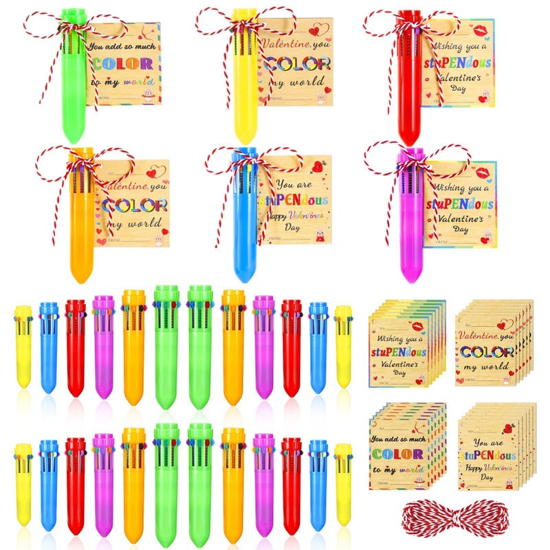 TOHONGADON 24 Set Retractable Multicolor Pen with Valentines Day Cards, Included 24 Pcs 0.5mm 10-in-1 Multicolor Ballpoint Pen for Kids, 24 Pcs Wooden Valentine Tags for Office Students Valentine Gifts - Image 1