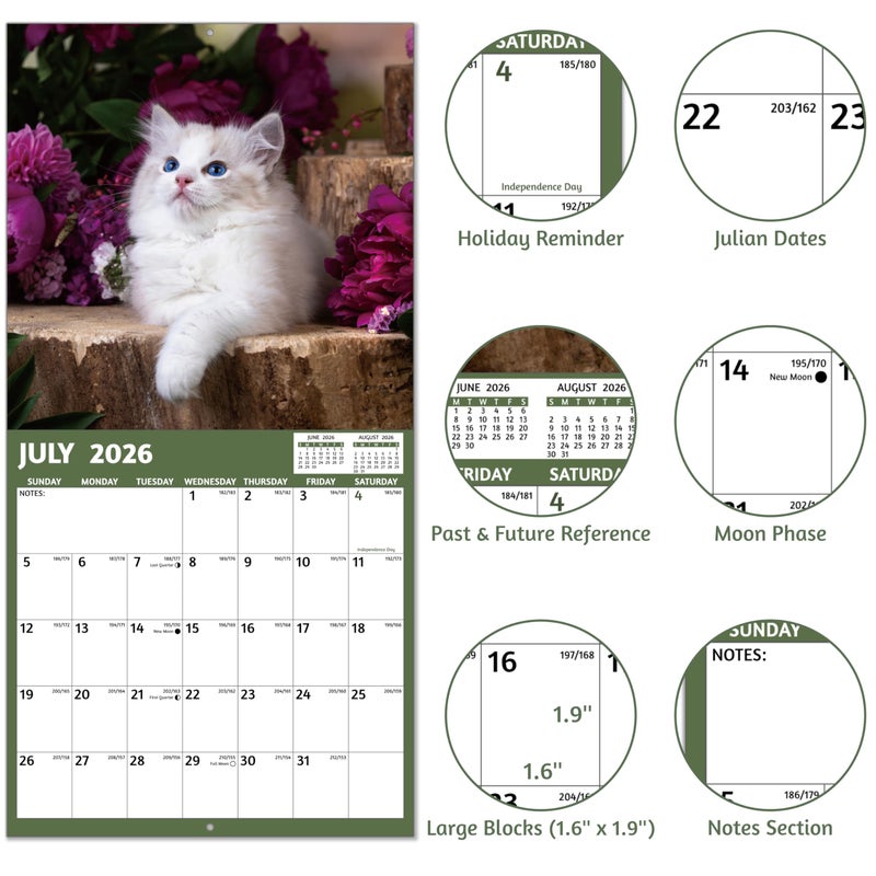 GoiUnlt 2026 Calendar, 2026 Wall Calendar, Cute Cats Calendar 2026. Jan. 2026 - Dec. 2026, 12" x 24" (Open), 12-Month Cats ï¼† Flower Wall Calendar, Large Blocks, Thick Paper, Hanging Holes, Ample Writing Space - Image 4