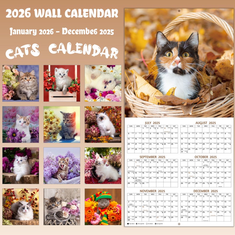 GoiUnlt 2026 Calendar, 2026 Wall Calendar, Cute Cats Calendar 2026. Jan. 2026 - Dec. 2026, 12" x 24" (Open), 12-Month Cats ï¼† Flower Wall Calendar, Large Blocks, Thick Paper, Hanging Holes, Ample Writing Space - Image 3