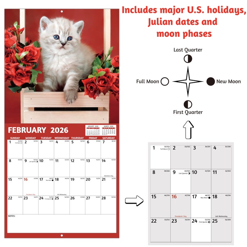 GoiUnlt 2026 Calendar, 2026 Wall Calendar, Cute Cats Calendar 2026. Jan. 2026 - Dec. 2026, 12" x 24" (Open), 12-Month Cats ï¼† Flower Wall Calendar, Large Blocks, Thick Paper, Hanging Holes, Ample Writing Space - Image 5