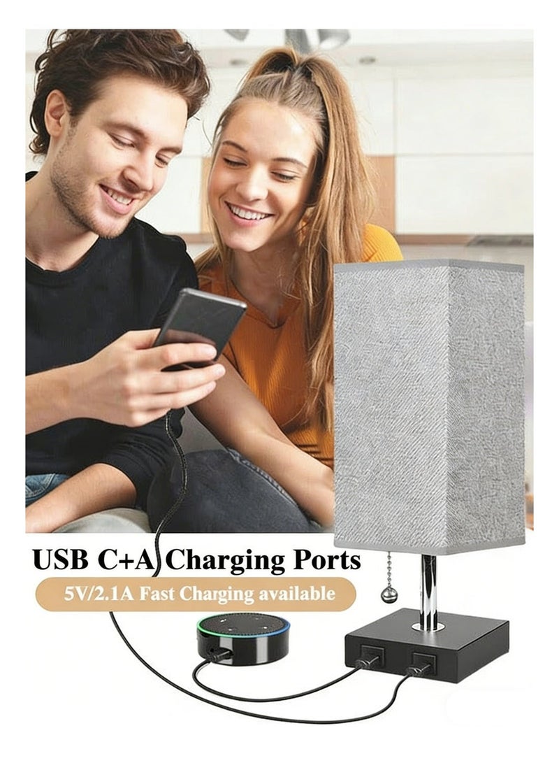 للمستقبل مصابيح بجانب السرير، مصباح طاولة مع منفذي شحن USB C، مصباح صغير مع 3 أوضاع ألوان مع سلسلة سحب، مصباح غرفة النوم مع غطاء من القماش الأبيض البيج (لمبة LED متضمنة) - Image 2