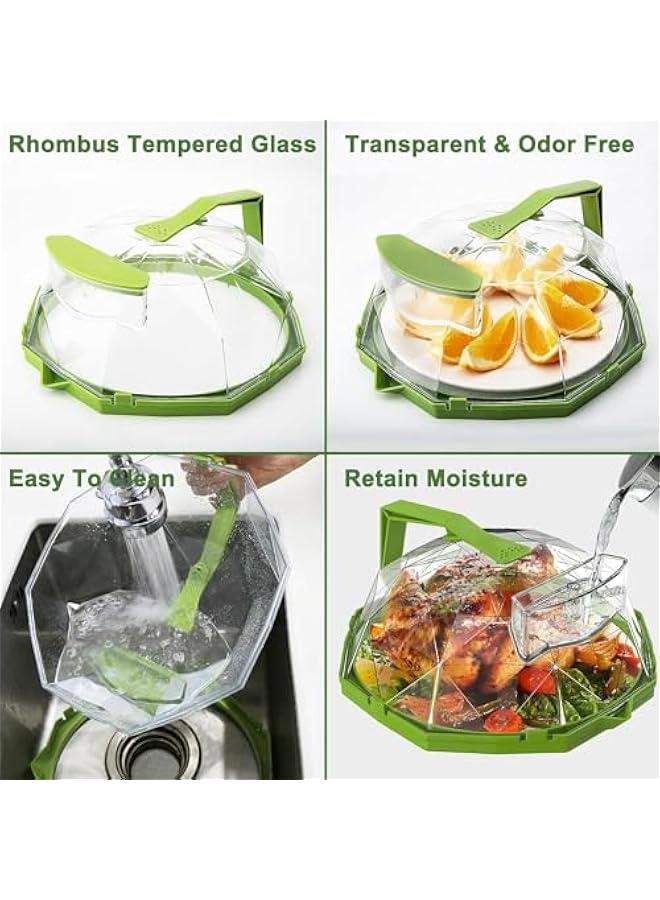 ميكسد غطاء ميكروويف رذاذ، غطاء ميكروويف 10 انش للطعام، غطاء ميكروويف شفاف على شكل ماسي مع مقبض وصندوق تخزين المياه لاعداد الطعام والوجبات، ادوات المطبخ (اخضر) - Image 2