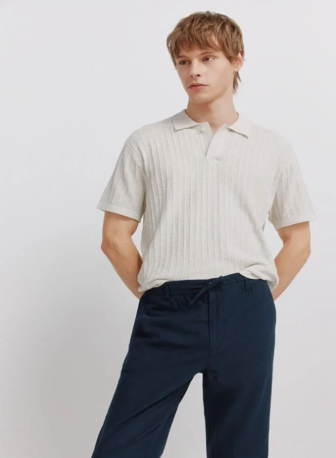 Springfield  Linen/cotton drawstring elasticated waistband welt back pockets front coin pocket Comfort Slim fit trousers for Men | Best Price UAE