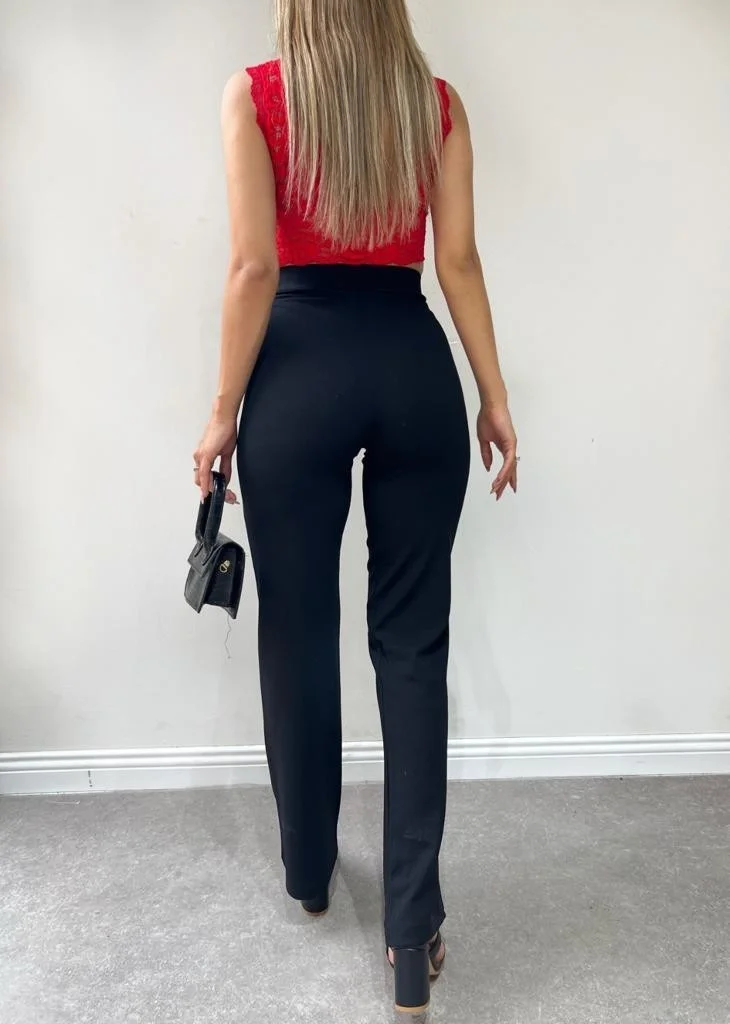 Winmoda34 High Waist Ribbed Stitched Gathering Palazzo Women's Trousers Hand-Ribbed Stitched-Pants