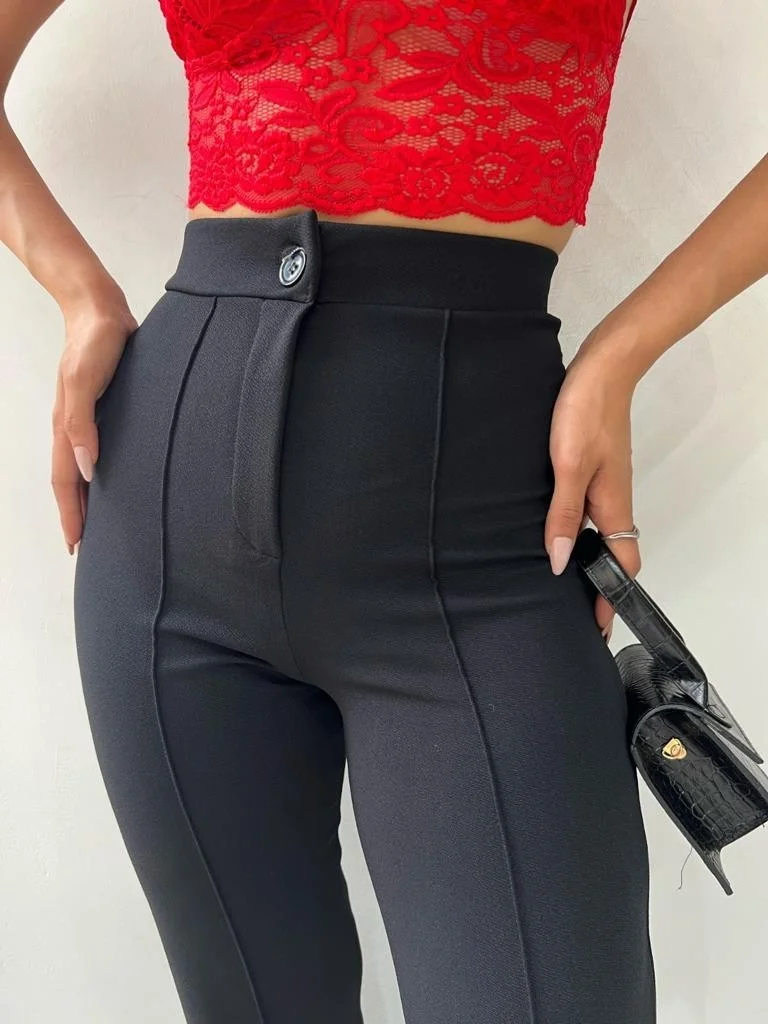 Winmoda34 High Waist Ribbed Stitched Gathering Palazzo Women's Trousers Hand-Ribbed Stitched-Pants