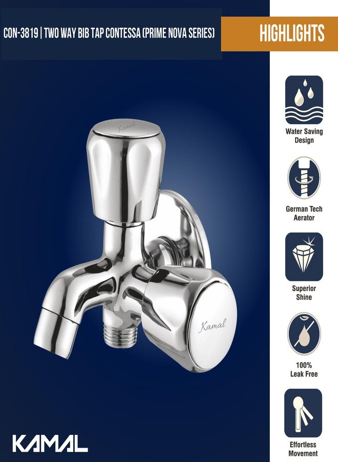 Kamal Full Brass Two in One Bib Tap - Contessa Prime Nova Series Aerator & Std 1/2'' BSP Outlet Use with Health Faucet | Wall Mounted 2 Way Bib Cock | German Tech Aerator Twin Elbow Valve Faucet - Image 2