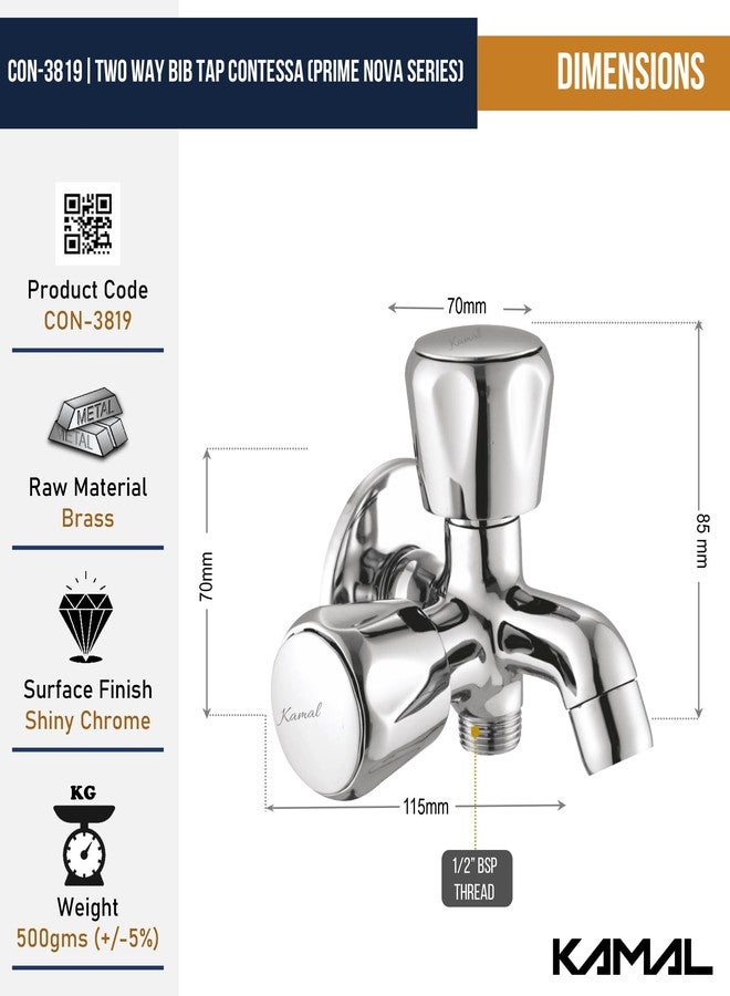 Kamal Full Brass Two in One Bib Tap - Contessa Prime Nova Series Aerator & Std 1/2'' BSP Outlet Use with Health Faucet | Wall Mounted 2 Way Bib Cock | German Tech Aerator Twin Elbow Valve Faucet - Image 4