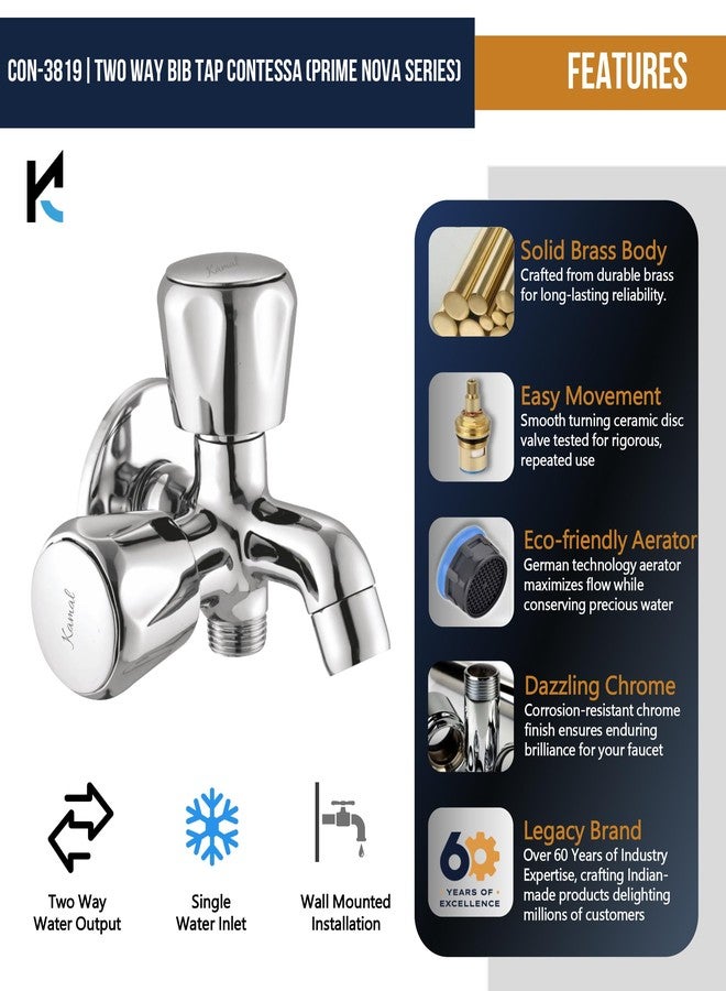 Kamal Full Brass Two in One Bib Tap - Contessa Prime Nova Series Aerator & Std 1/2'' BSP Outlet Use with Health Faucet | Wall Mounted 2 Way Bib Cock | German Tech Aerator Twin Elbow Valve Faucet - Image 3