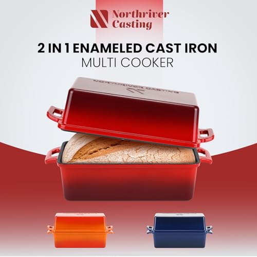Northriver Casting 9x5 Inch Enameled Cast Iron Loaf Pan with Lid, Perfect Bread Baking Pan | Even Heat Distribution for Homemade Bread, Cake, Meatloaf，2 Piece set，Red - Image 4