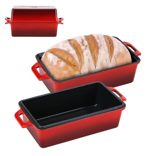 Northriver Casting 9x5 Inch Enameled Cast Iron Loaf Pan with Lid, Perfect Bread Baking Pan | Even Heat Distribution for Homemade Bread, Cake, Meatloaf，2 Piece set，Red - Image 1