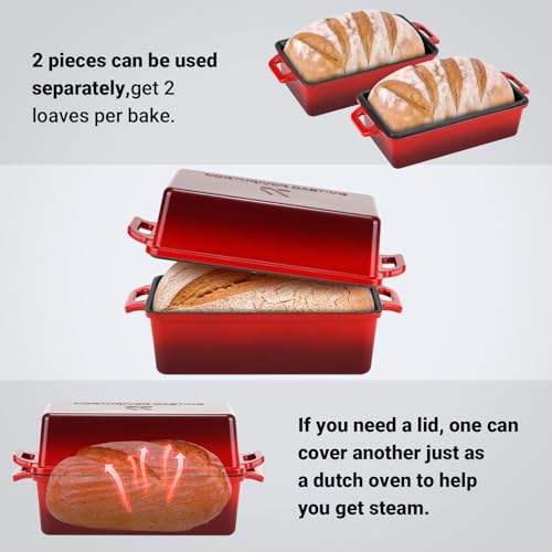 Northriver Casting 9x5 Inch Enameled Cast Iron Loaf Pan with Lid, Perfect Bread Baking Pan | Even Heat Distribution for Homemade Bread, Cake, Meatloaf，2 Piece set，Red - Image 2