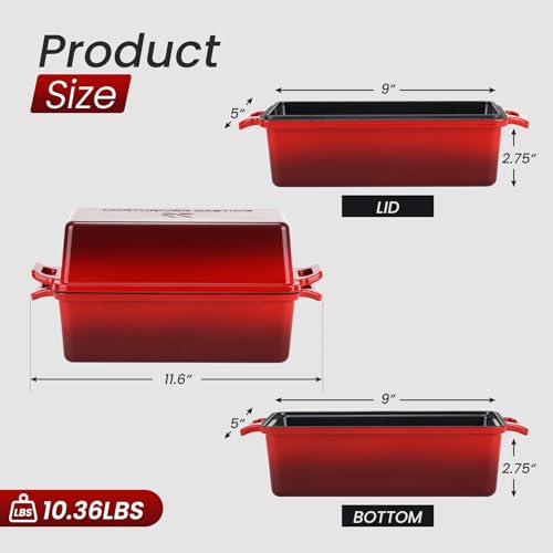 Northriver Casting 9x5 Inch Enameled Cast Iron Loaf Pan with Lid, Perfect Bread Baking Pan | Even Heat Distribution for Homemade Bread, Cake, Meatloaf，2 Piece set，Red - Image 3