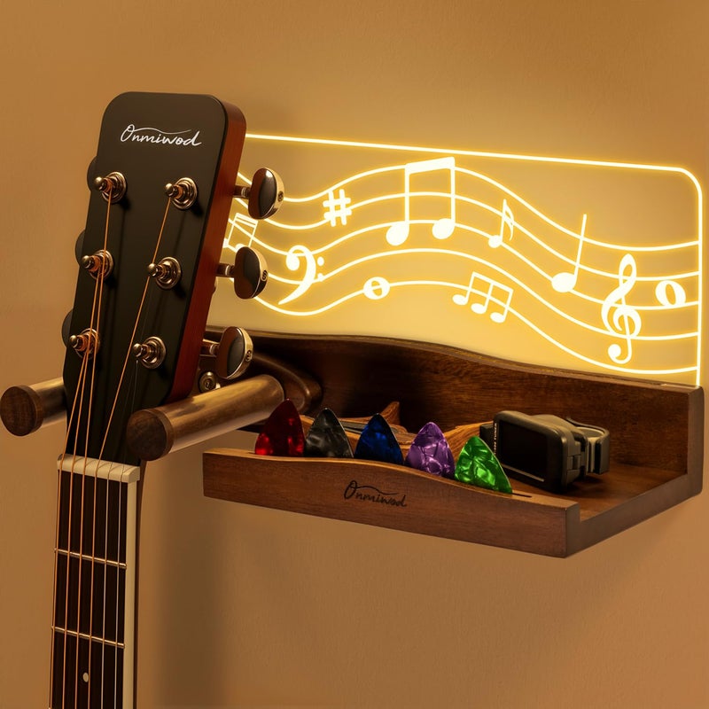 Onmiwod Guitar Wall Mount with LED Lights Light up Guitar Wall Hangers with Shelf and Pick Holder Wood Acrylic Guitar Hanger Wall Mount Guitar Music Accessories Gifts for Guitar Lover Player - Image 2