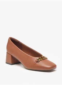 Celeste Women's Solid Slip-On Pumps with Block Heels and Chain Detail  - Image 1