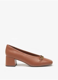Celeste Women's Solid Slip-On Pumps with Block Heels and Chain Detail  - Image 3
