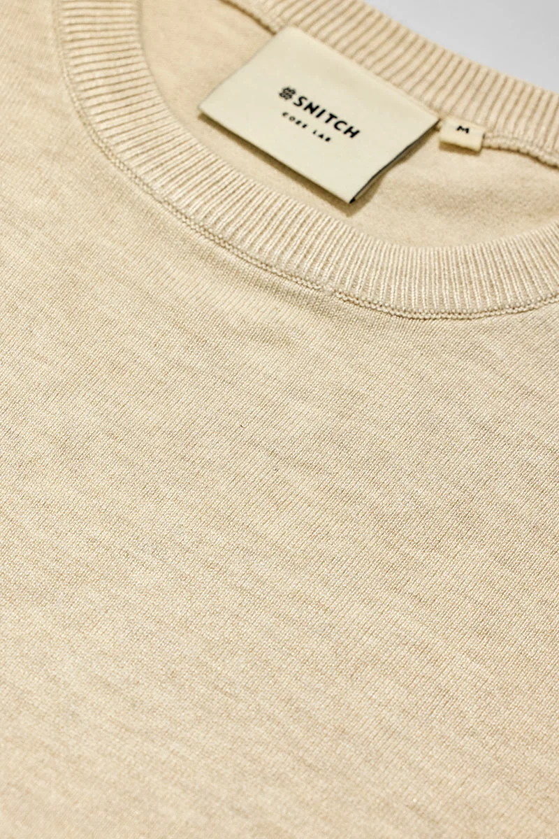 SNITCH Cream Solid Half Sleeve Slim Fit Casual T-Shirt