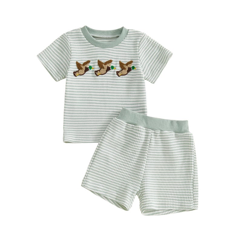 MERSARIPHY Toddler Baby Boy Girl Summer Clothes Embroidery Stripe T-shirt Tops Shorts Sets 6 12 18 Months 2T 3T Casual Outfit (Green-2, 18-24 Months) - Image 1
