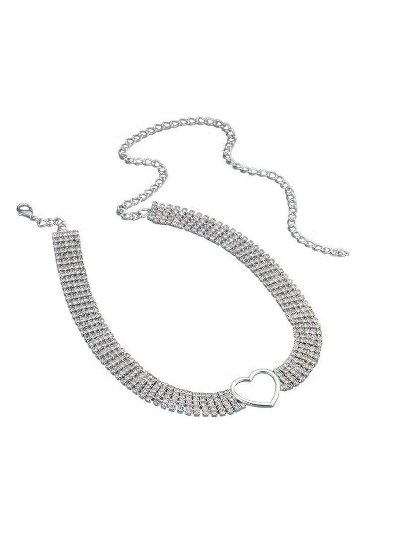 Huitich Silver Rhinestone Heart Pendant Choker Necklace – Adjustable Alloy Chain  - Image 1