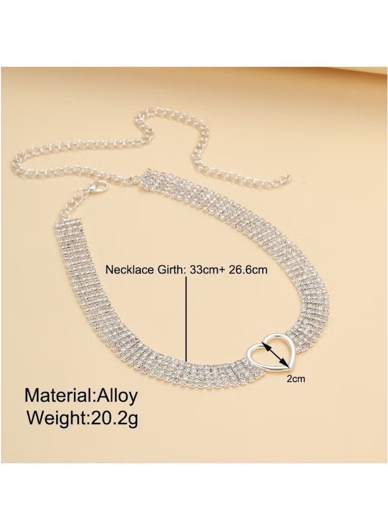 Huitich Silver Rhinestone Heart Pendant Choker Necklace – Adjustable Alloy Chain  - Image 2