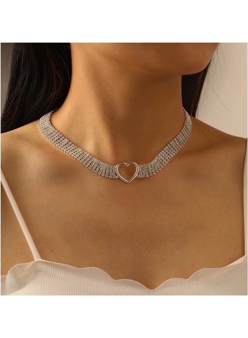 Huitich Silver Rhinestone Heart Pendant Choker Necklace – Adjustable Alloy Chain  - Image 3