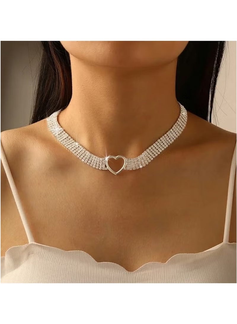 Huitich Silver Rhinestone Heart Pendant Choker Necklace – Adjustable Alloy Chain  - Image 4