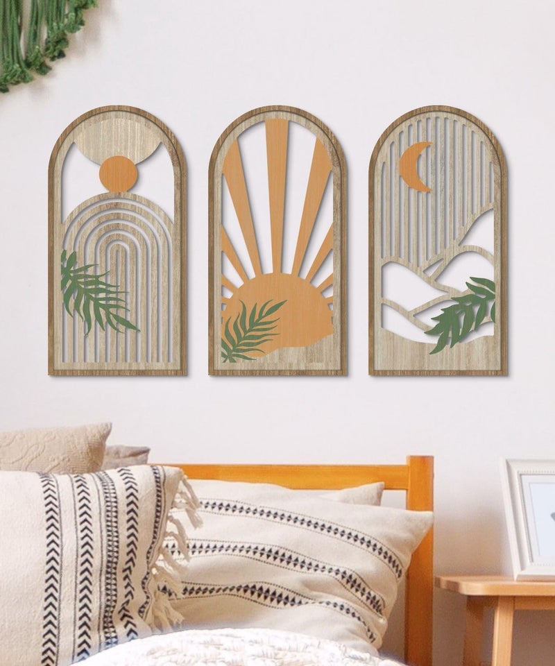 Putuo Decor Boho Plant Wall Art, Wood Modern Minimalist Wall Decor, Abstract Sun Inspired Room Decorations 16x8 In Mid Century Artwork for Living Room Bedroom Office in Sunrise Earthtone Set of 3 - Image 5