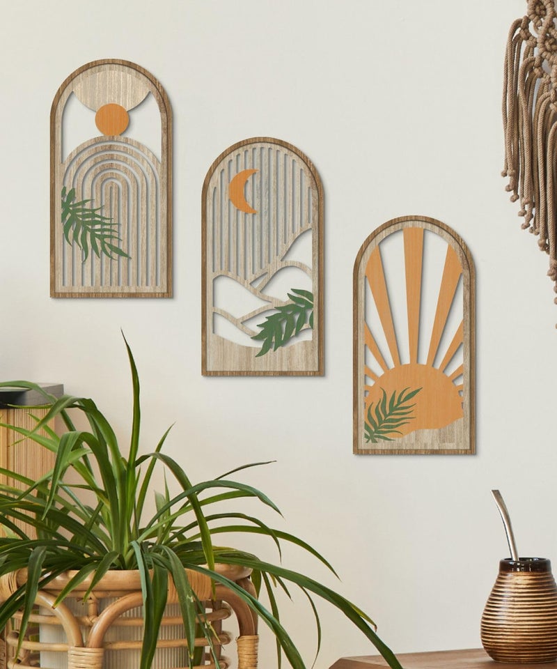 Putuo Decor Boho Plant Wall Art, Wood Modern Minimalist Wall Decor, Abstract Sun Inspired Room Decorations 16x8 In Mid Century Artwork for Living Room Bedroom Office in Sunrise Earthtone Set of 3 - Image 2