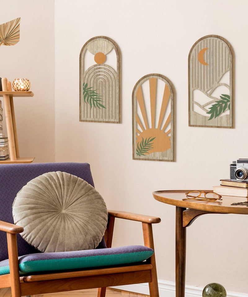 Putuo Decor Boho Plant Wall Art, Wood Modern Minimalist Wall Decor, Abstract Sun Inspired Room Decorations 16x8 In Mid Century Artwork for Living Room Bedroom Office in Sunrise Earthtone Set of 3 - Image 4