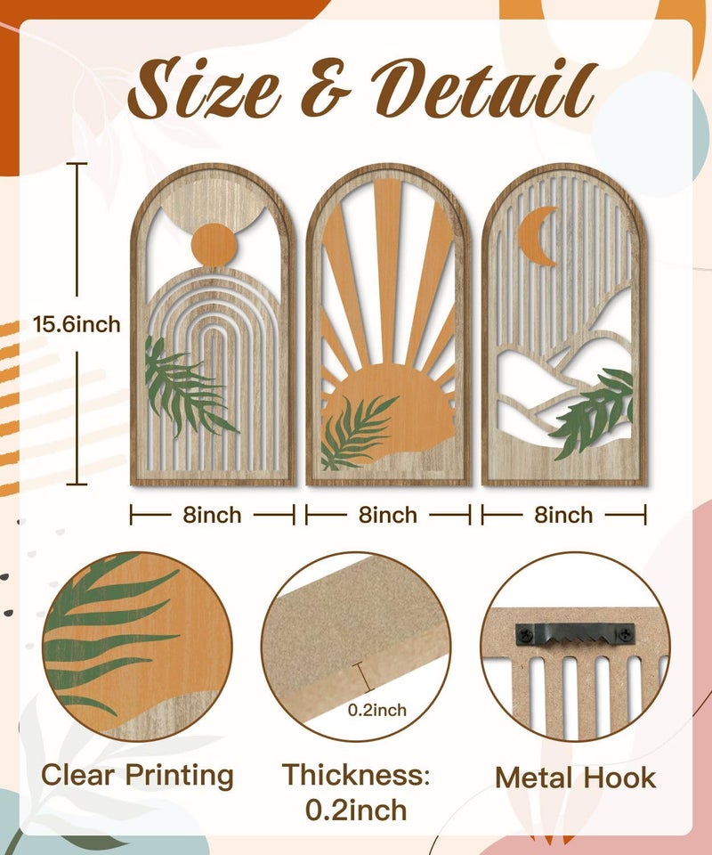 Putuo Decor Boho Plant Wall Art, Wood Modern Minimalist Wall Decor, Abstract Sun Inspired Room Decorations 16x8 In Mid Century Artwork for Living Room Bedroom Office in Sunrise Earthtone Set of 3 - Image 3