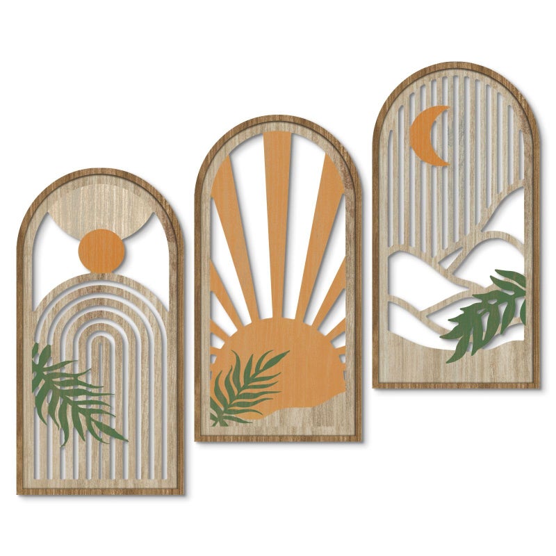 Putuo Decor Boho Plant Wall Art, Wood Modern Minimalist Wall Decor, Abstract Sun Inspired Room Decorations 16x8 In Mid Century Artwork for Living Room Bedroom Office in Sunrise Earthtone Set of 3 - Image 1