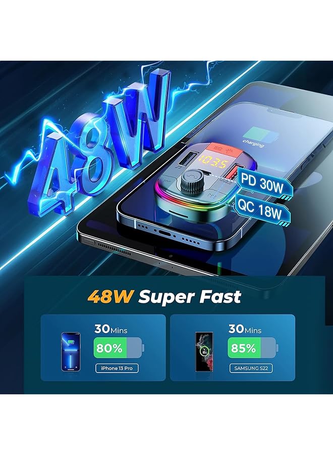 KASTWAVE Bluetooth Adapter For Car, Hifi Bluetooth 5.3 Fm Transmitter, Wireless Radio Music Adapter, Light Switch, Hifi Bass Sound, Fast Charging, Led Display Hands-Free Calling Support Usb Drive - Image 3