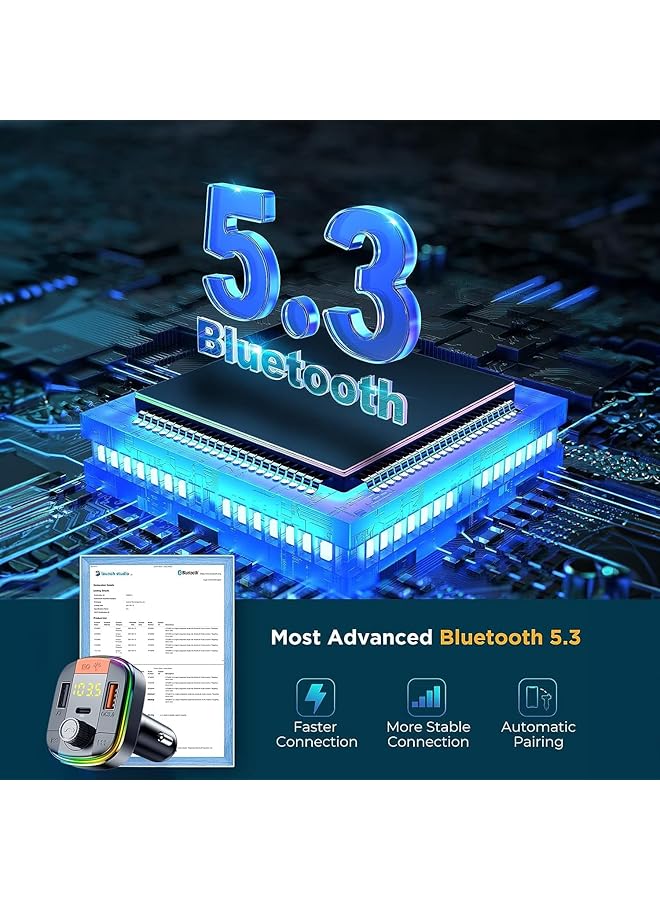 KASTWAVE Bluetooth Adapter For Car, Hifi Bluetooth 5.3 Fm Transmitter, Wireless Radio Music Adapter, Light Switch, Hifi Bass Sound, Fast Charging, Led Display Hands-Free Calling Support Usb Drive - Image 5