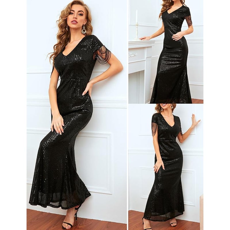 Meilun Women's V Neck Sequins Mermaid Gown Long Prom Evening Party Dress - Image 4