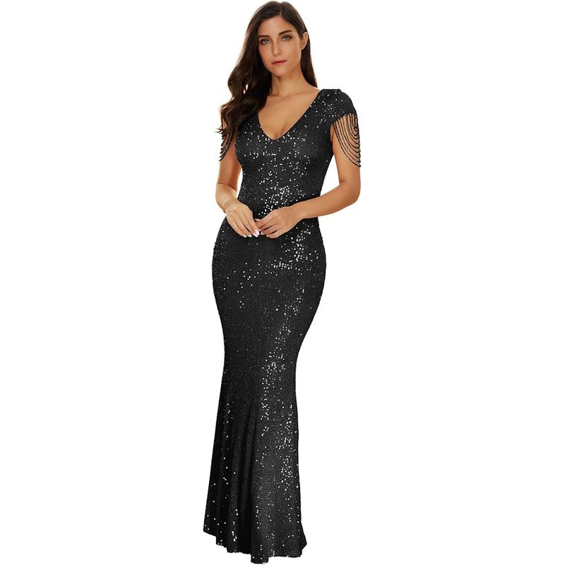 Meilun Women's V Neck Sequins Mermaid Gown Long Prom Evening Party Dress - Image 1