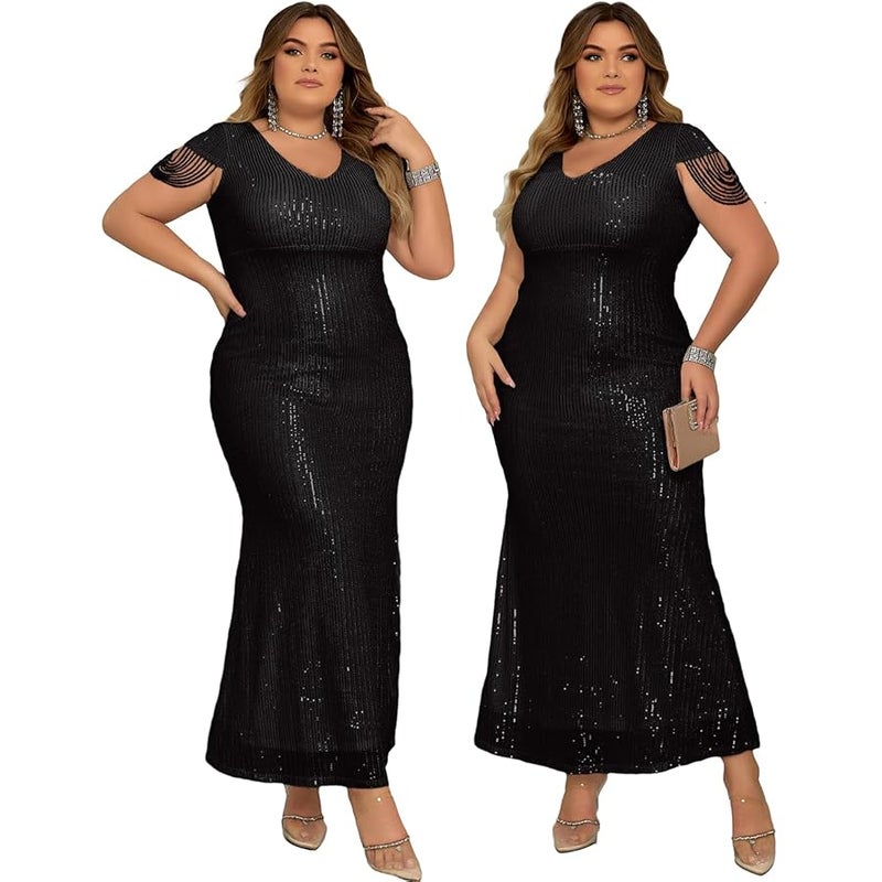 Meilun Women's V Neck Sequins Mermaid Gown Long Prom Evening Party Dress - Image 5