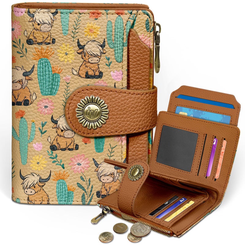 Icycay Highland Cow Small Wallet Women RFID Blocking Bifold, Cute Credit Card Holder, Zipper Coin Pocket, PU Leather, Compact, Travel, 4 ID Window, 14 Card Slots, Cash Purse, Ladies Woman - Image 1