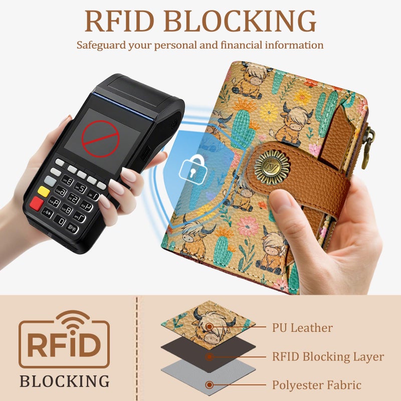 Icycay Highland Cow Small Wallet Women RFID Blocking Bifold, Cute Credit Card Holder, Zipper Coin Pocket, PU Leather, Compact, Travel, 4 ID Window, 14 Card Slots, Cash Purse, Ladies Woman - Image 3