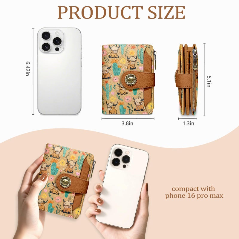 Icycay Highland Cow Small Wallet Women RFID Blocking Bifold, Cute Credit Card Holder, Zipper Coin Pocket, PU Leather, Compact, Travel, 4 ID Window, 14 Card Slots, Cash Purse, Ladies Woman - Image 4