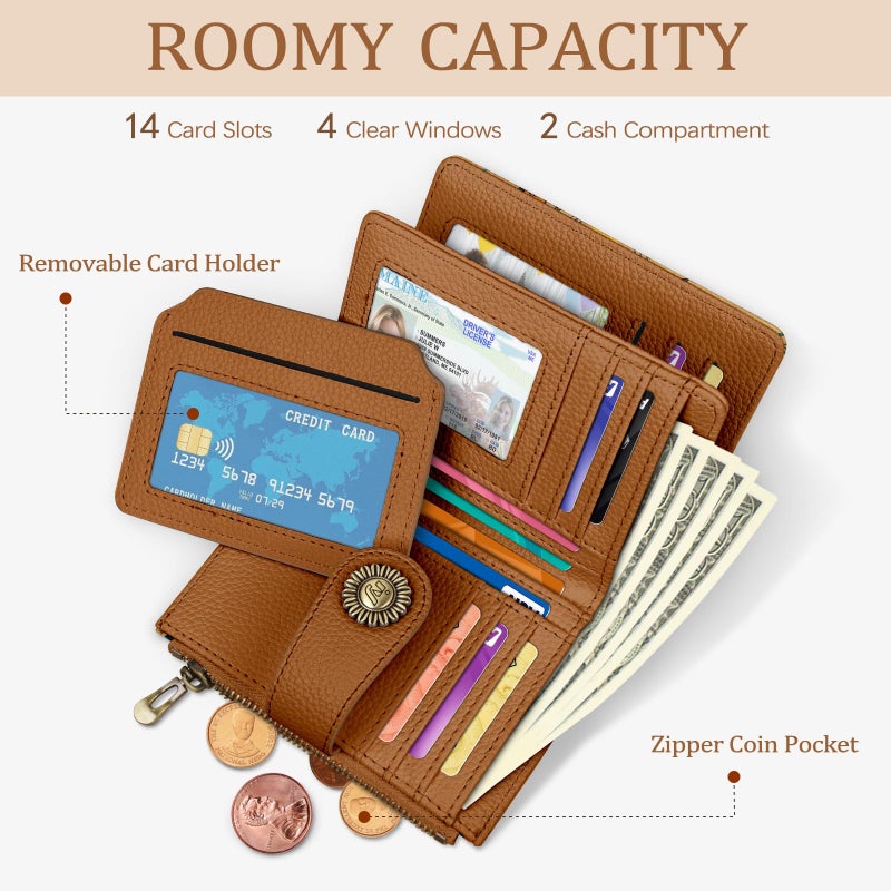 Icycay Highland Cow Small Wallet Women RFID Blocking Bifold, Cute Credit Card Holder, Zipper Coin Pocket, PU Leather, Compact, Travel, 4 ID Window, 14 Card Slots, Cash Purse, Ladies Woman - Image 2