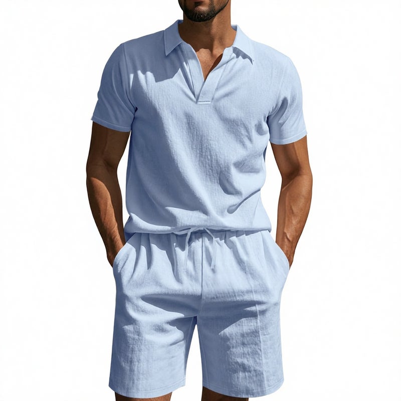 Men's Linen Polo Shirt and Shorts Set Summer Beach Casual Two-Piece Outfit - Image 3