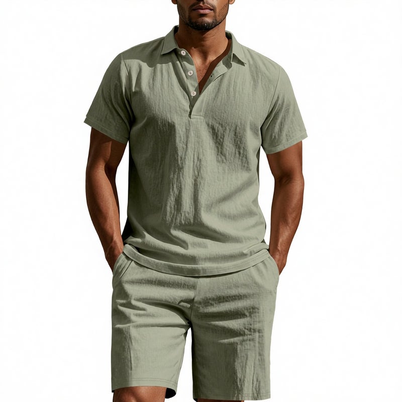 Men's Linen Polo Shirt and Shorts Set Summer Beach Casual Two-Piece Outfit - Image 1