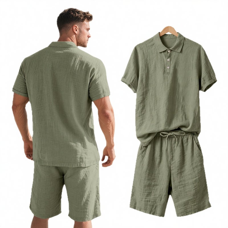 Men's Linen Polo Shirt and Shorts Set Summer Beach Casual Two-Piece Outfit - Image 5