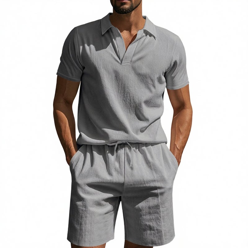 Men's Linen Polo Shirt and Shorts Set Summer Beach Casual Two-Piece Outfit - Image 2